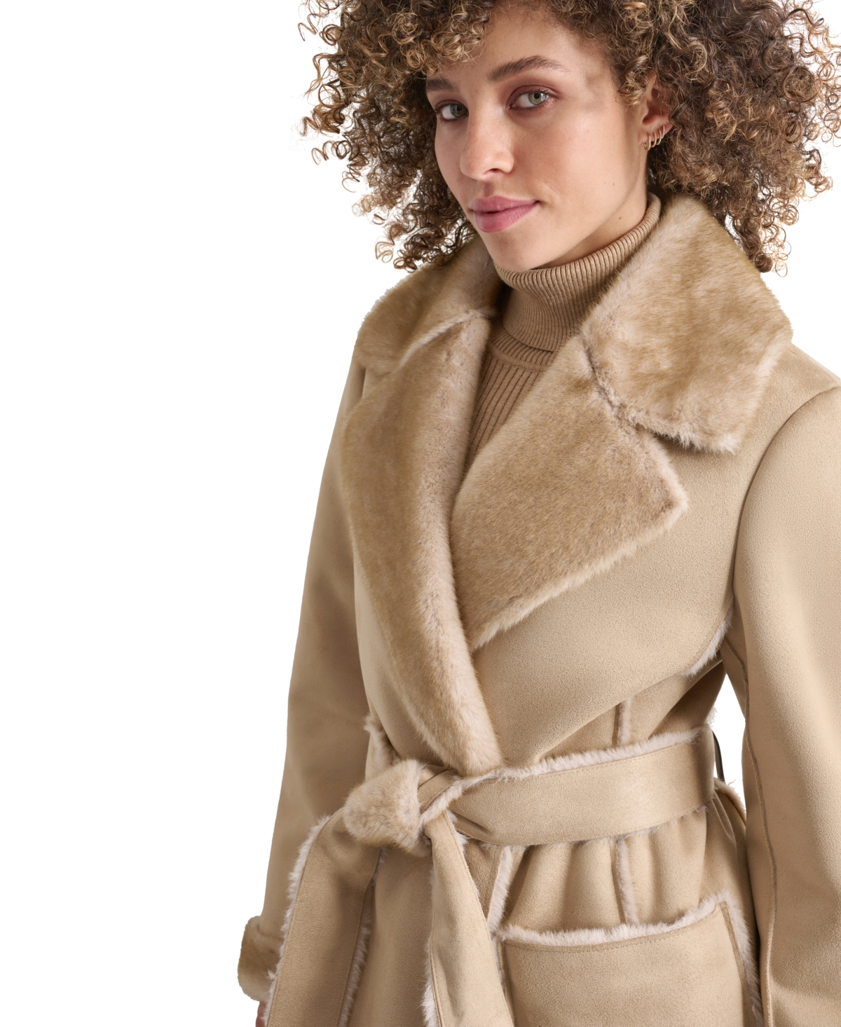 Dkny Women's Belted Notched-Collar Faux-Shearling Coat, Created for Macy's
