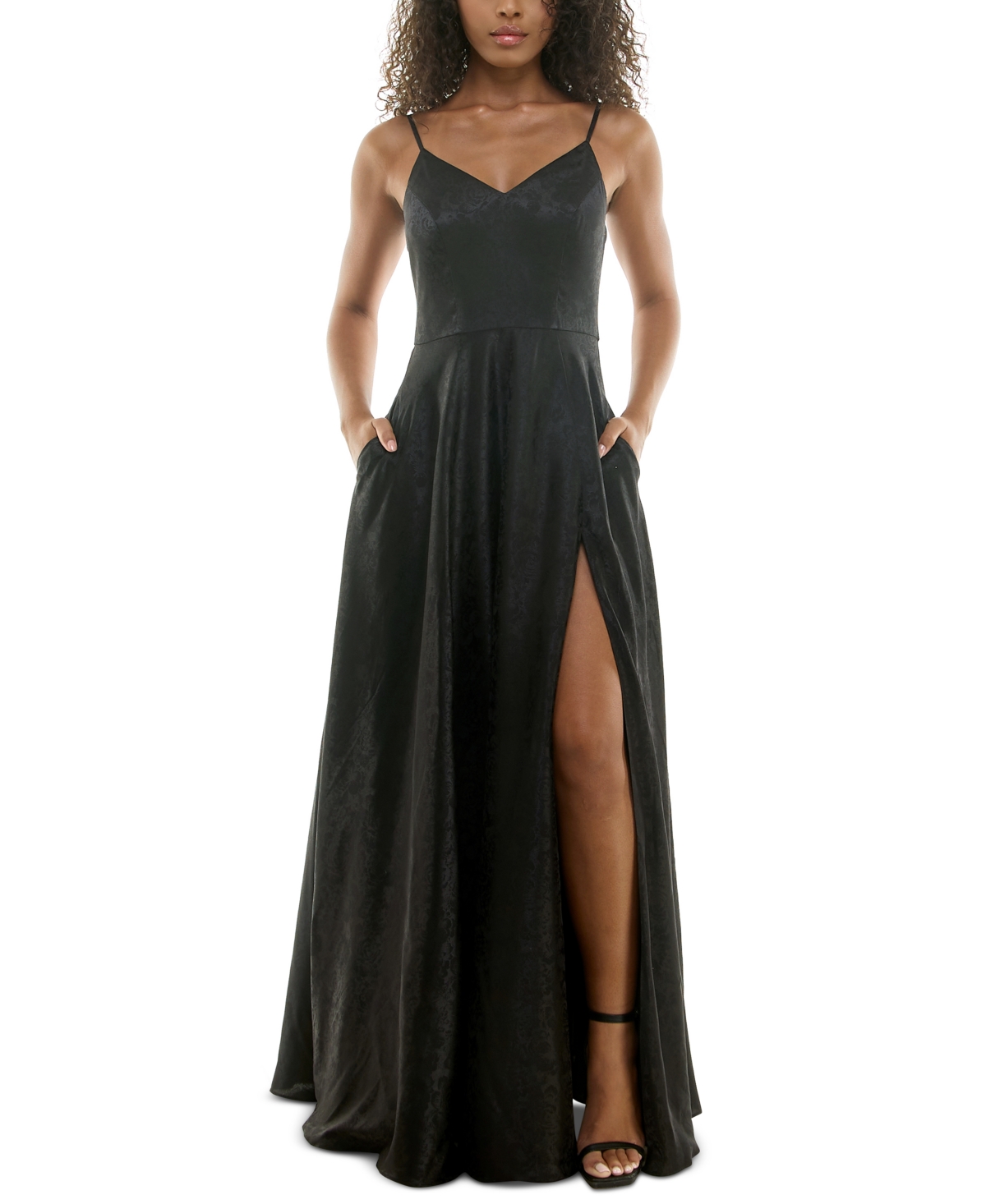 Juniors' Spaghetti-Strap Jacquard Gown - Black
