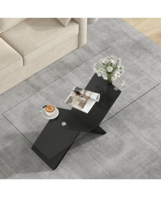 47'' Rectangle Glass Coffee Table w/ Tempered Glass Tabletop & Geometric