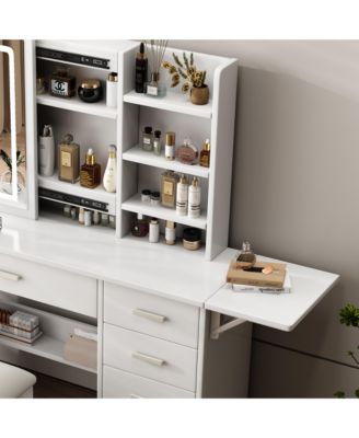Modern Makeup Vanity Desk with Mirror, Lights, Open Shelves & Chair for Organized Beauty Setup