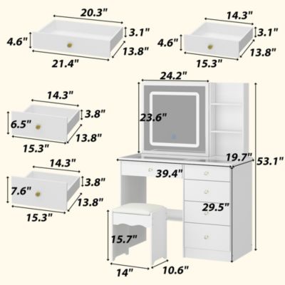 White Wood Makeup Vanity Set Dressing Desk with Glass Top