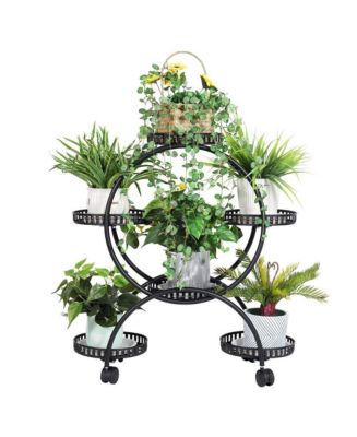 UNHO Metal 6 Pot Plant Stand Decorative Flower Pot Holder with Wheels For Indoor Outdoor - Black