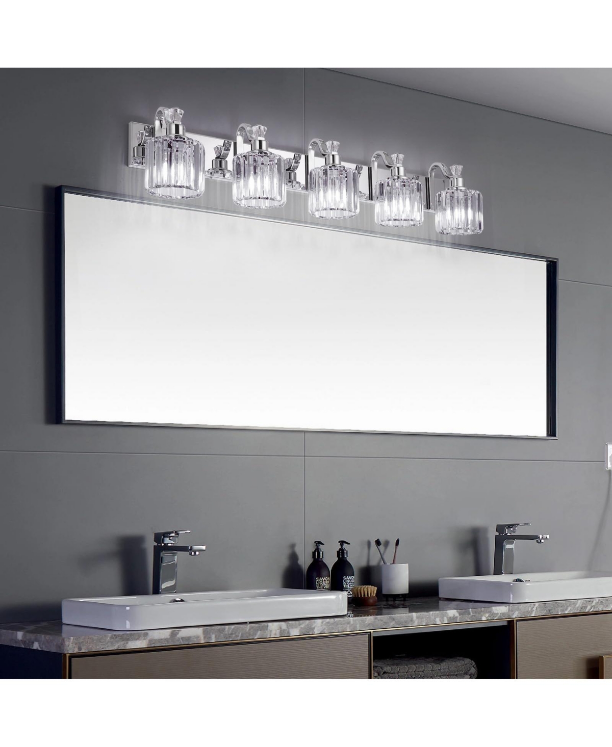 gaomon Modern Chrome Led Crystal Bathroom Vanity Lights Over Mirror - 5-Light Wall Fixtures