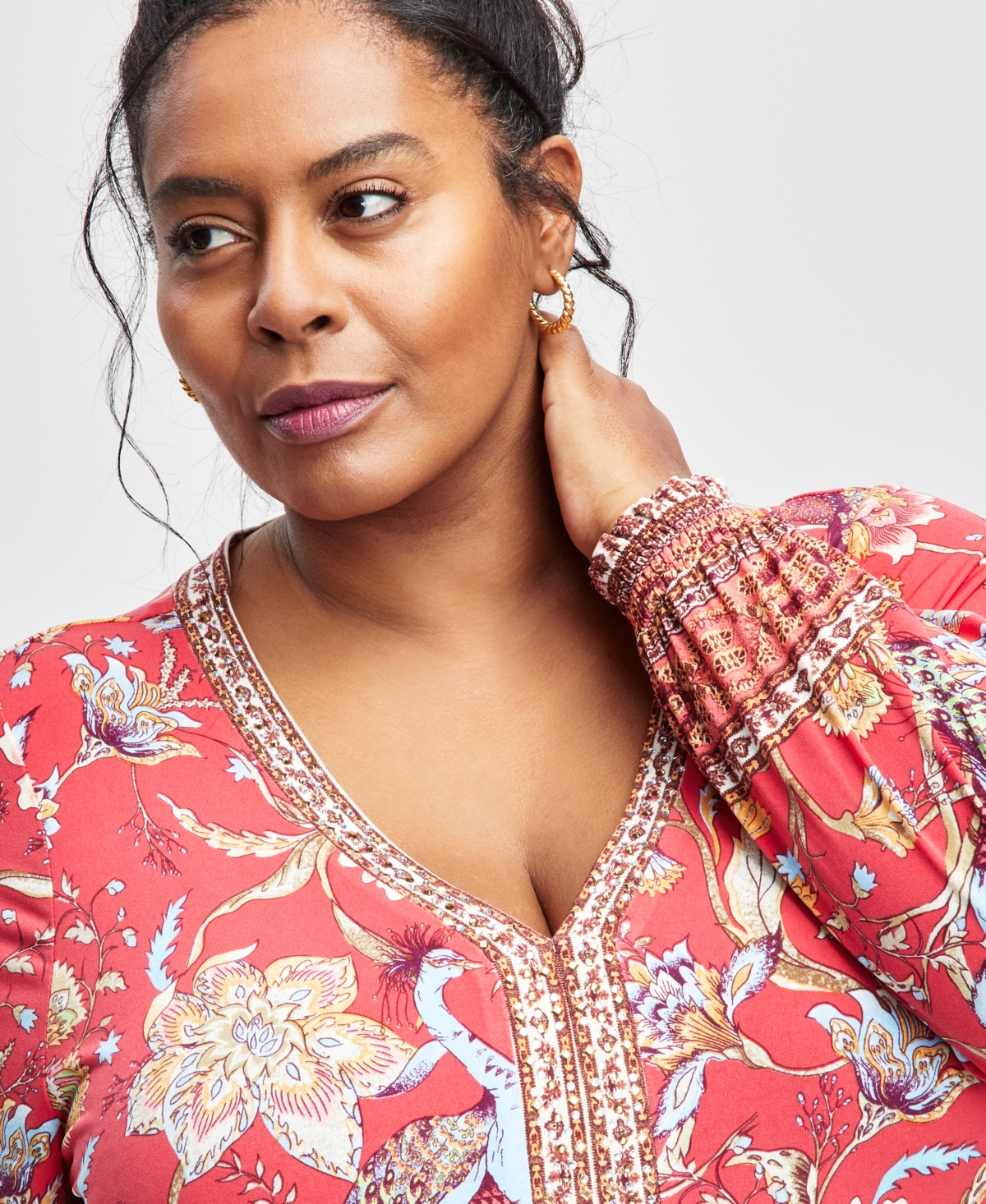 JM COLLECTION PLUS SIZE PRINTED BLOUSON-SLEEVE TOP, EXCLUSIVELY AT MACY'S 