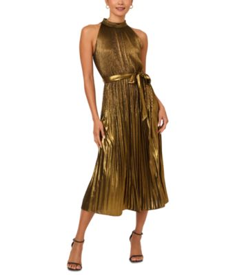 Adrianna Papell - Women's Metallic Pleated Tie-Waist Halter Dress