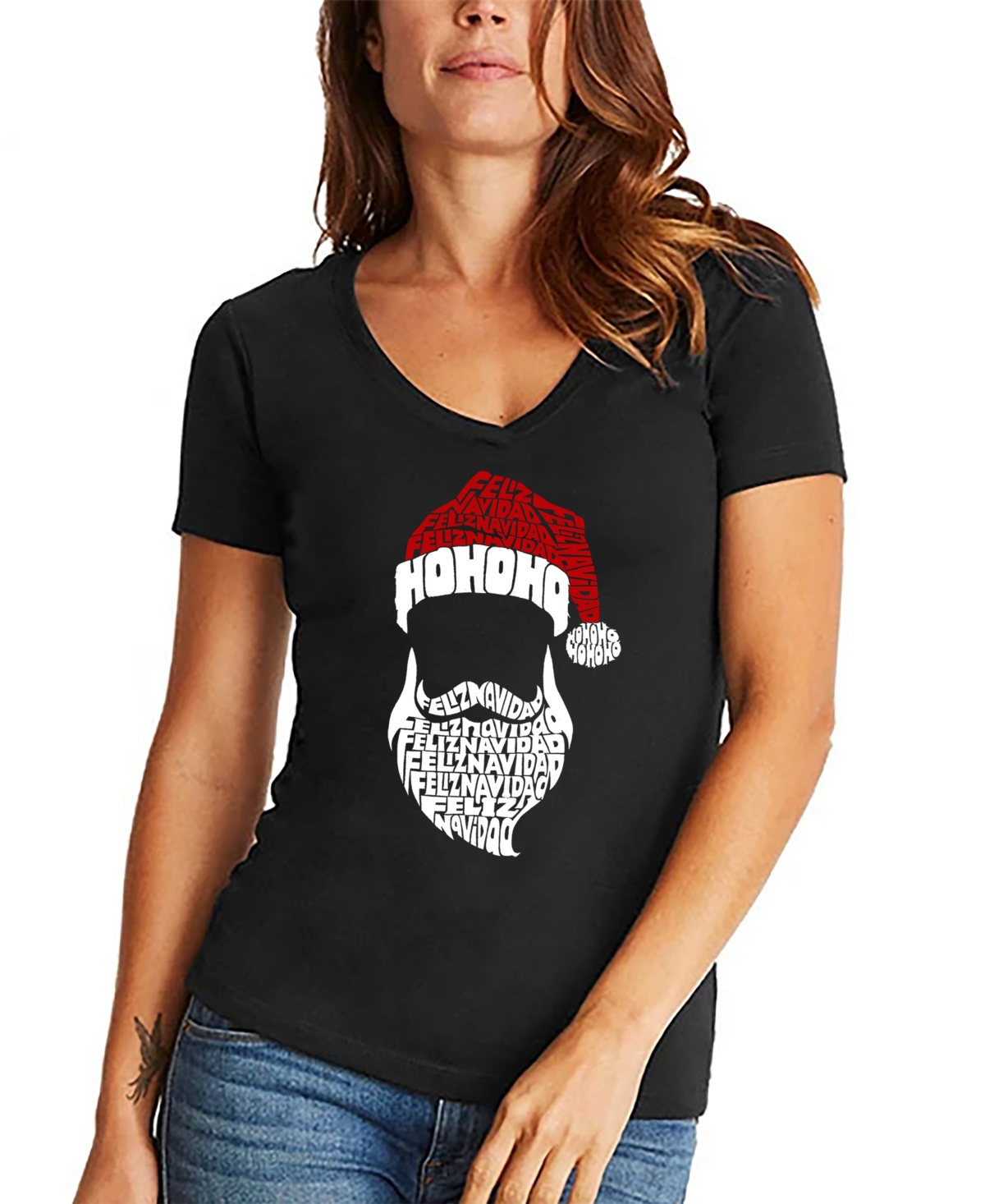 LA POP ART WOMEN'S FELIZ NAVIDAD SANTA CLAUS WORD ART V-NECK T-SHIRT 