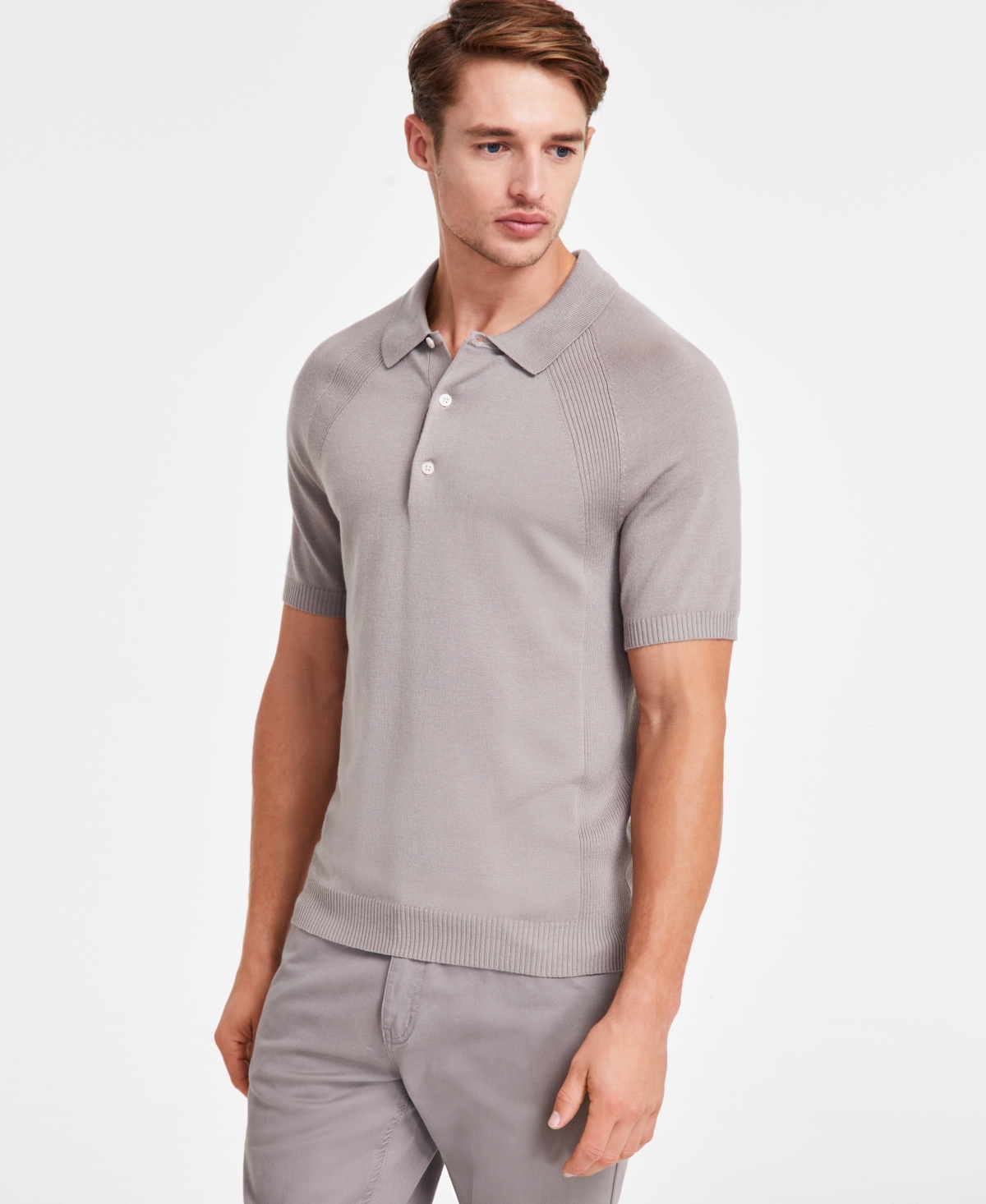 Alfani Men's Ribbed Raglan Sweater-knit Polo Shirt, Created For Macy's In Willow Wood Ash