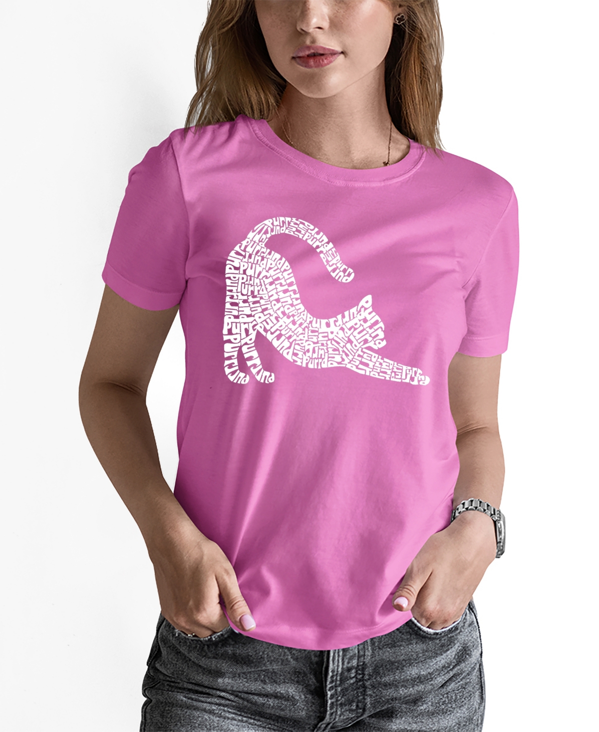 LA POP ART WOMEN'S STRETCHING CAT WORD ART CREW NECK T-SHIRT 