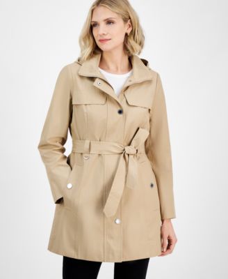 London Fog - Petite Zip-Front Belted Long-Sleeve Rain Coat