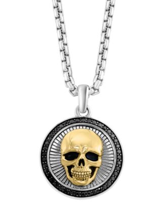 EFFY Collection - Men's Black Spinel Skull Head 22" Round Disc Pendant Necklace (3/8 ct. t.w) in Sterling Silver, 14k Gold-Plate, & Black Rhodium-Plate