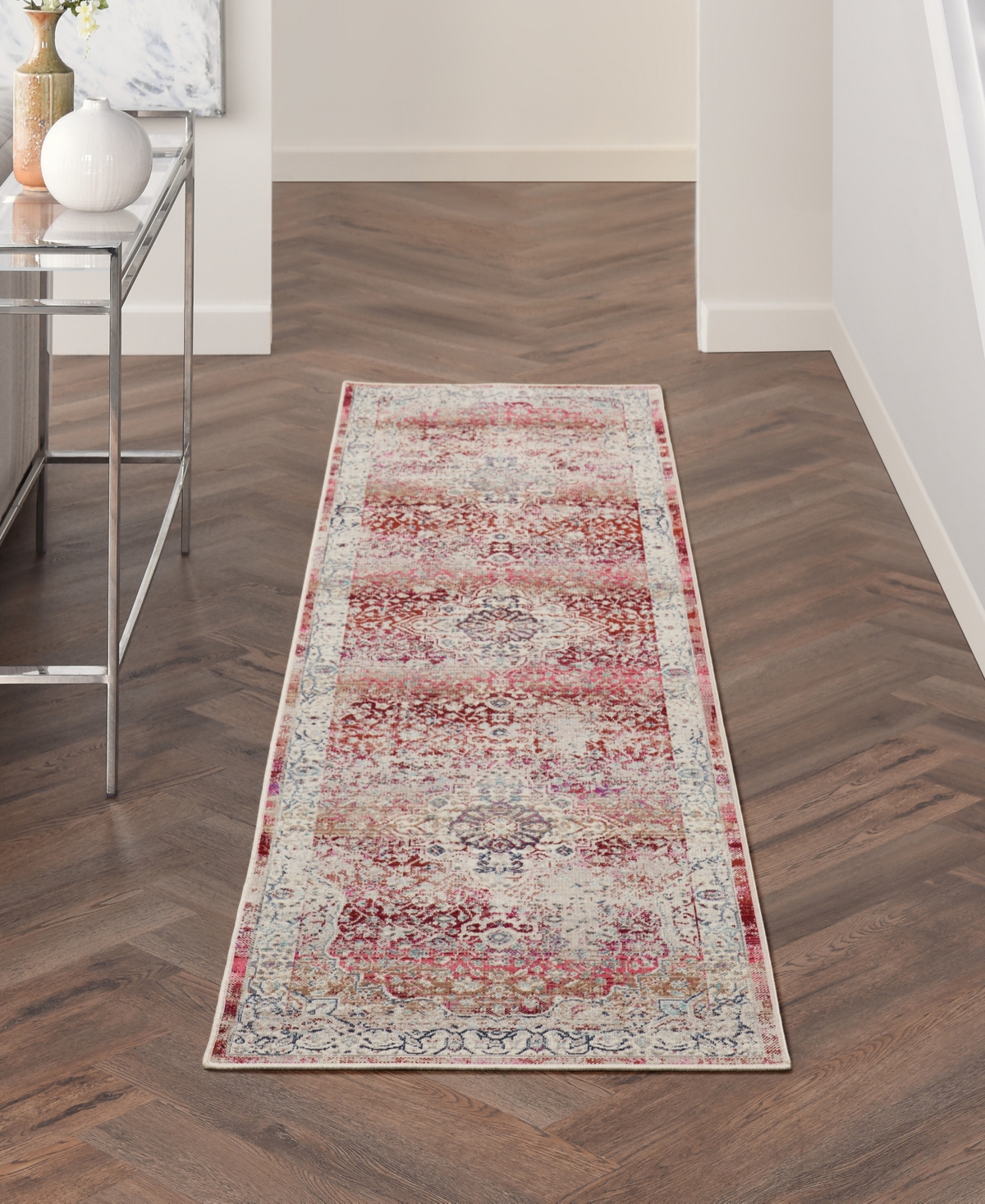 Nourison Home Vintage Kashan Vka07 2'4"x8' Runner Area Rug In Red,ivory