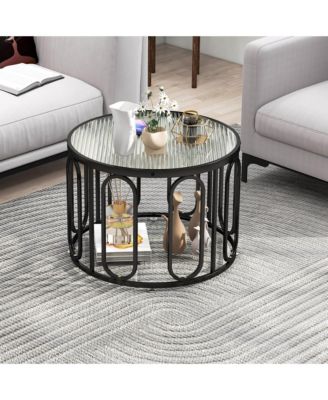 2-Tier 24'' Round Coffee Table w/ Oval Swivel Brackets & Reeded Tempered Glass Gold
