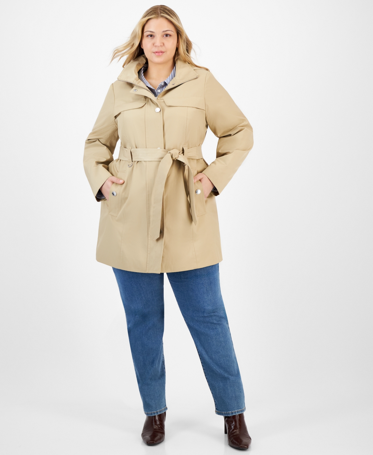 LONDON FOG PLUS SIZE ZIP-FRONT HOODED BELTED TRENCH COAT 