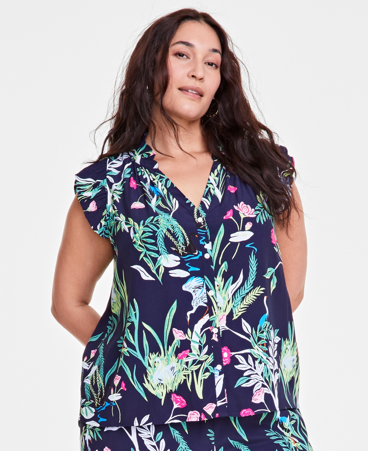 ON 34TH TRENDY PLUS SIZE FLUTTER-SLEEVE PRINTED SHIRT, EXCLUSIVELY AT MACY'S 