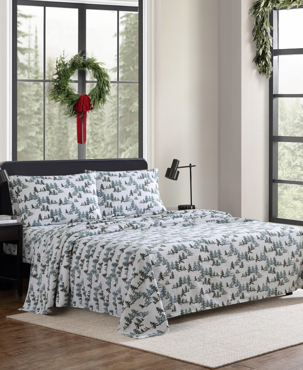 Eddie Bauer Holiday Cotton Flannel 4 Pc. Sheet Set, Queen In Snowy Pine Trees