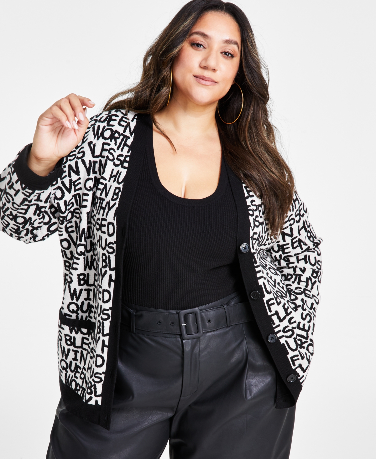 Nina Parker Trendy Plus Size Jacquard Boyfriend Cardigan