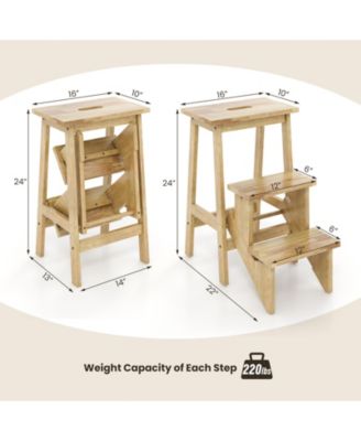 3-in-1 Rubber Wood Convenient Handle Step Stool