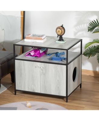 Wooden Cat Litter Box Enclosure, Hidden Kitten Washroom, Indoor End Table with Magnetic Doors & Storage Shelves, Gray
