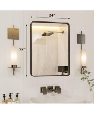 Black Metal Framed Bathroom Mirror for Wall, 24X32 Inch Rounded Rectangle Mirror, Matte Black Bathroom Vanity Mirror, Environmentally Friendly Resin Mirror, Anti-Rust, Hangs Horizontally or Vertically