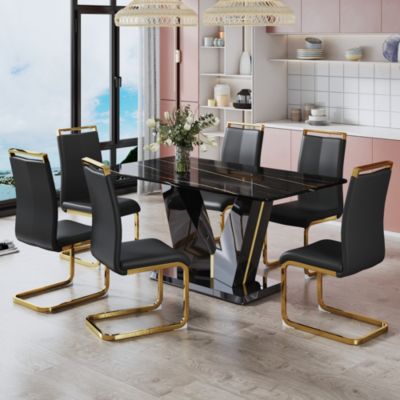 Table and chair set, Modern minimalist rectangular dining table, 0.4 inch thick, with a black imitation marble pattern glass desktop and black MDF legs. Comfortable PU seats, perfect for dinner, meet