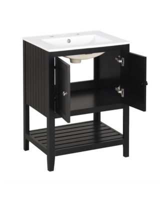 24" Black Modern Sleek Bathroom Vanity Elegant Ceramic Sink with Solid Wood Frame Open Style Shelf