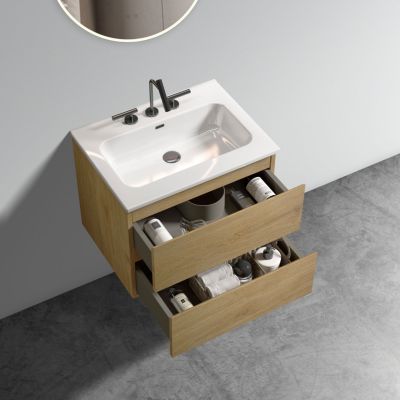  24" Oak Bathroom Vanity Wall Mount, Ceramic Sink, Storage