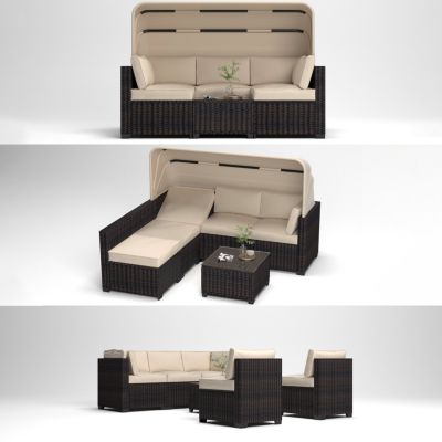 Streamdale 6-Piece Outdoor Rattan Daybed Set with Retractable Canopy