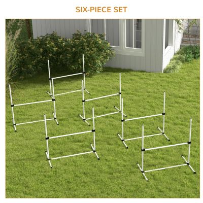 6 Piece Dog Agility Training Equipment for Dog Agility Course with Adjustable Height Jump Bars, Included Carry Bag, & Displacing Top Bar, White