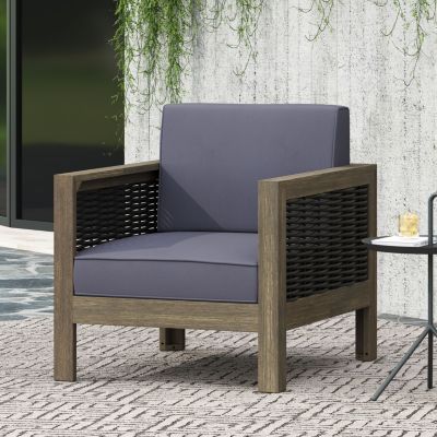 Acacia Wood Club Chair With Wicker Accents And Water-Resistant Cushions