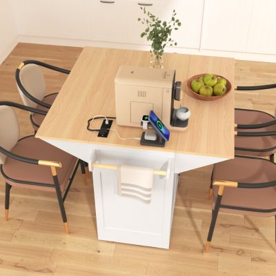 CARB-Certified MDF Drop Leaf, Power Outlet, 3 Drawers, 2 Cabinets, Waterproof Finish Multifunctional Kitchen Island