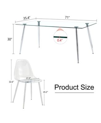 Table and chair set.Modern rectangular glass dining table with tempered glass countertop and silver metal legs, paired with multiple transparent high-quality PET dining chairs with silver legs.