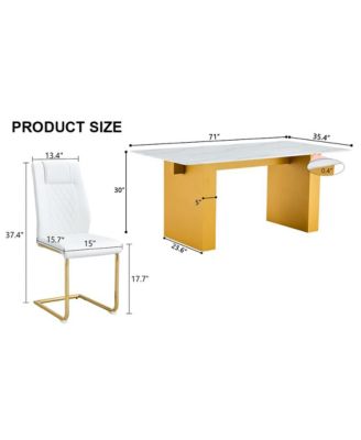 Table and chair set.Large modern rectangular table with 0.4 inch patterned glass tabletop and large MDF table legs.Comes with 8 chairs with faux leather cushioned seats and golden metal legs.