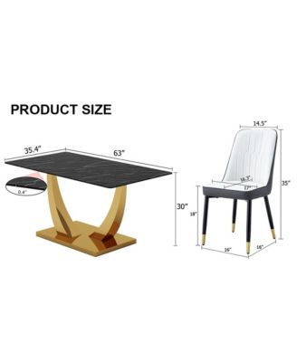 Table and chair set.Modern rectangular dining table with black textured stickers glass tabletop and gold plated metal legs.Paired with 4 comfortable chairs with PU seats and black metal legs.