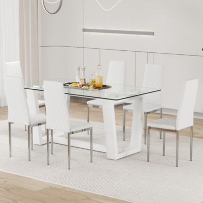 Table and chair set.A rectangular dining table features with tempered glass top and sleek white MDF stand.Paired with 6 PU chairs with checkered armless high back and electroplated metal legs.