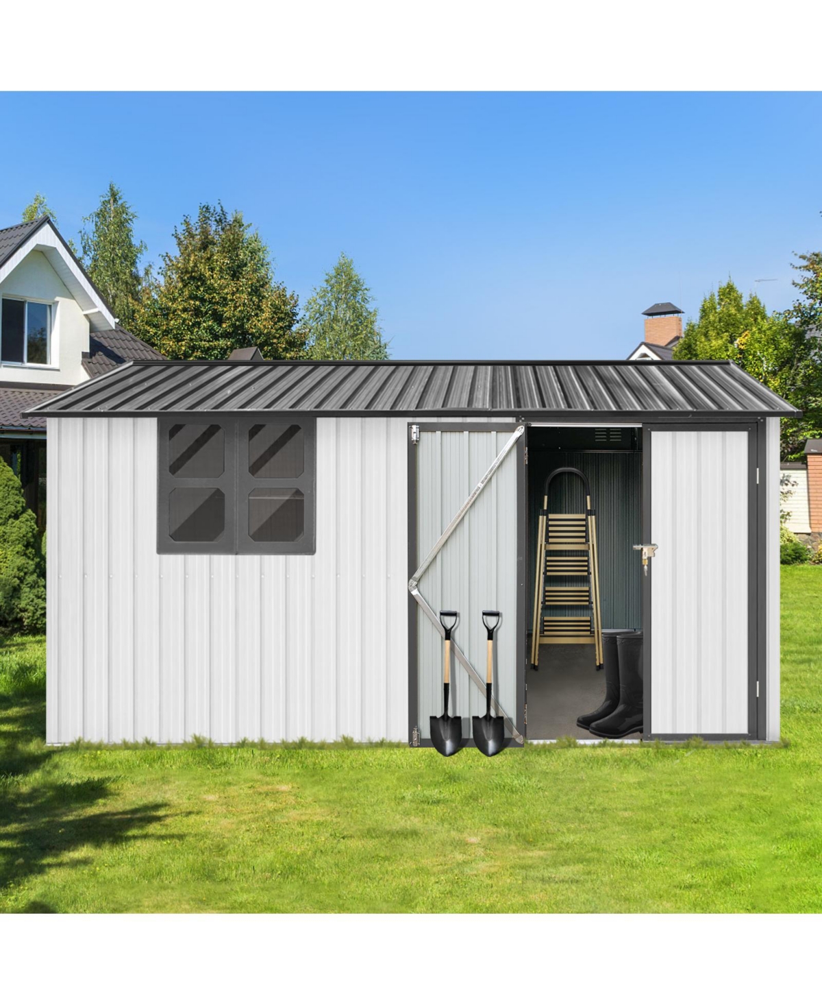 Streamdale Furniture Metal garden sheds 10ftx12ft outdoor storage sheds white+grey with window - Grey+white