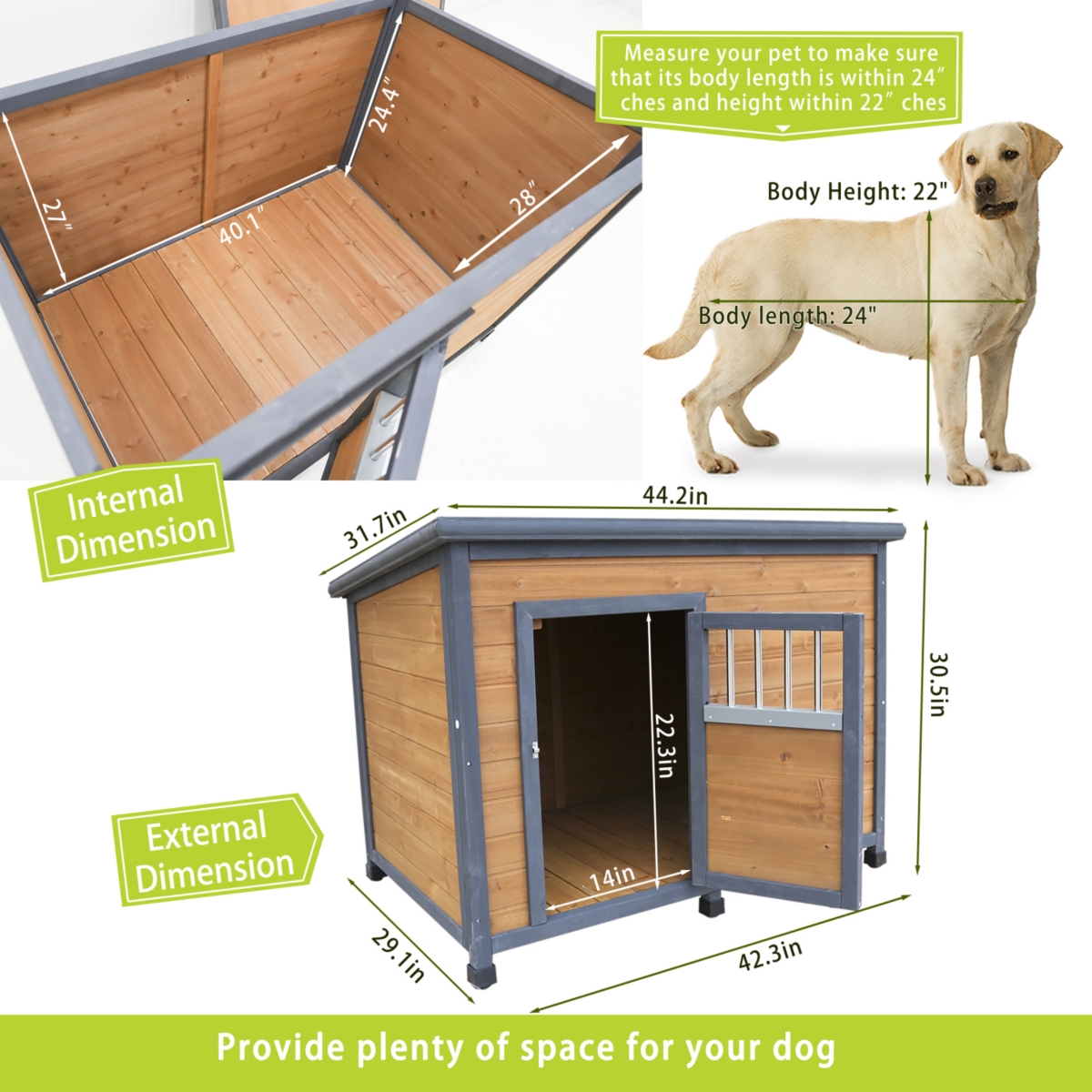 Streamdale Furniture 45" large solid wood dog house, waterproof Pvc plastic roof, breathable wooden doors