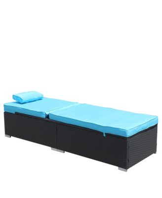 3-Piece Outdoor Patio Furniture Set Chaise Lounge, Patio Reclining Rattan Lounge Chair Chaise Couch Cushioned with Glass Coffee Table, Adjustable Back and Feet, Lounger Chair for Pool Garden, Blue