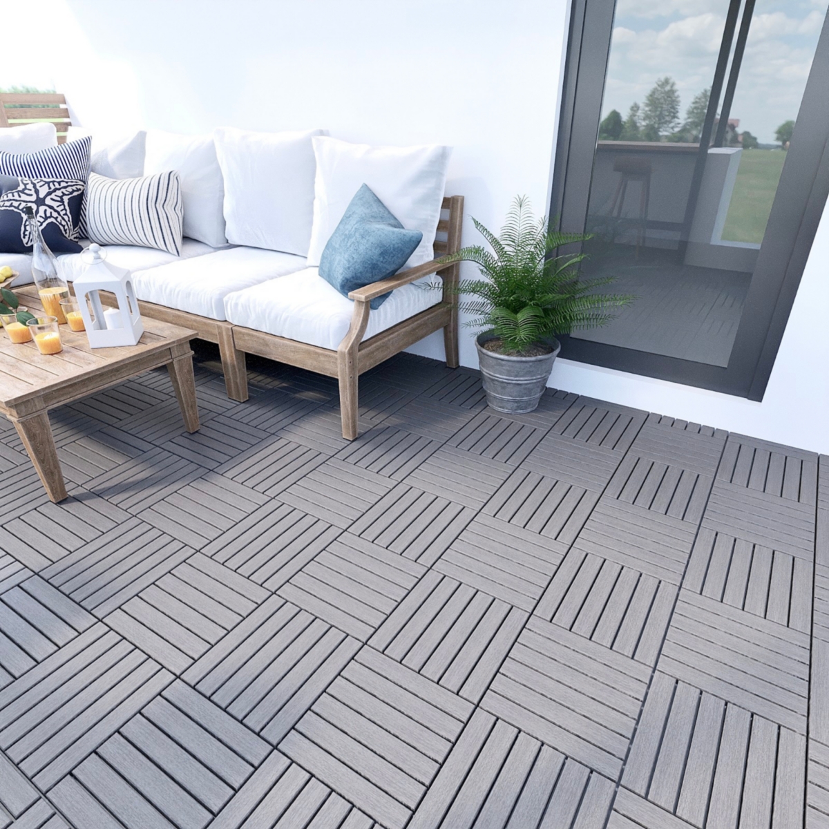 30 Pcs Interlocking Deck Tiles Striped Pattern, 12" x 12" Square Light Gray Acacia Hardwood Outdoor Flooring for Patio, Bancony, Pool Side,.