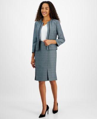 Womens Open Front Piped Trim Tweed Jacket Pleated Slim Fit Pencil Skirt