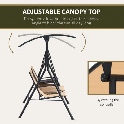 2-Seat Patio Swing Chair, Outdoor Canopy Swing Glider with Pivot Storage Table, Cup Holder, Adjustable Shade, Bungie Seat Suspension and Weather Resistant Steel Frame, Beige