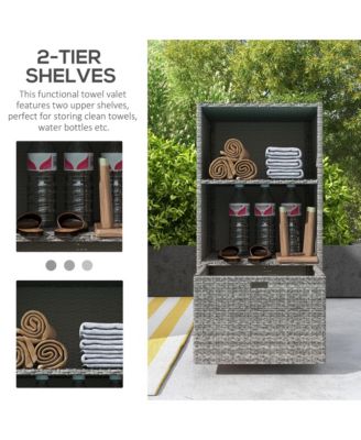 Valet Pool Towel Rack, Waterproof PE Plastic Rattan Wicker Storage Organizer, Indoor Outdoor Spa, and Hot Tub Accessory Storage, 2 Shelves, 1 Basket Drawer, Mixed Gray