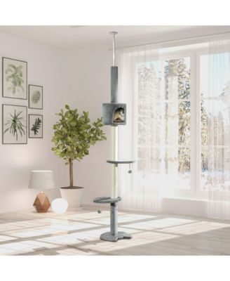 85.5" Cat Tree Height Adjustable Floor-to-Ceiling 4-Tier Kitty Climbing Activity Center Condo Cat Toy with Scratching Post Hanging Balls Play Rest Post Pet Furniture Grey