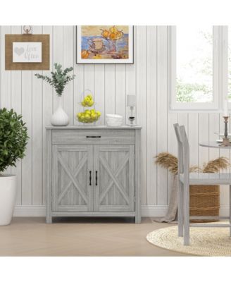 Farmhouse Sideboard Buffet Cabinet, Barn Door Coffee Bar Cabinet with Drawer and Adjustable Shelf, Kitchen Cabinet for Living Room, Entryway, Stone Gray