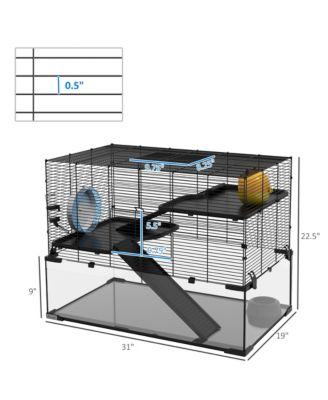 Hamster Cage, 31" Gerbil Cage with Glass Basin, Ramps, Platforms, Hut, Exercise Wheel, for Small Hamsters, Black