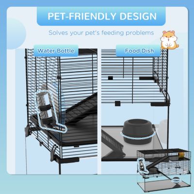 Hamster Cage, 31" Gerbil Cage with Glass Basin, Ramps, Platforms, Hut, Exercise Wheel, for Small Hamsters, Black
