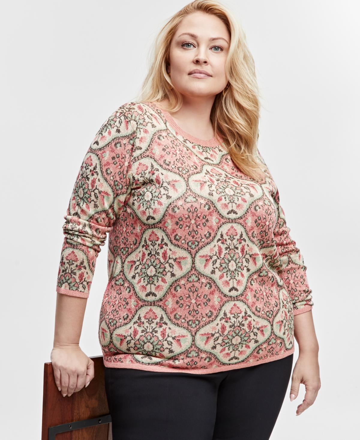 Jm Collection Plus Size Scoop-Neck Metallic Sweater, Exclusively at Macy's