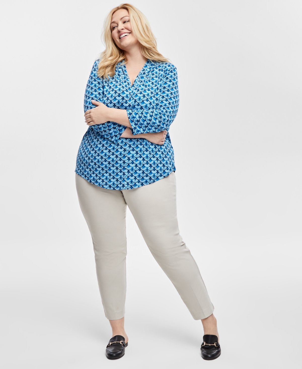 Shop Jm Collection Women's Print V-neck 3/4-sleeve Top, Exclusively At Macy's In Indigo Bunt