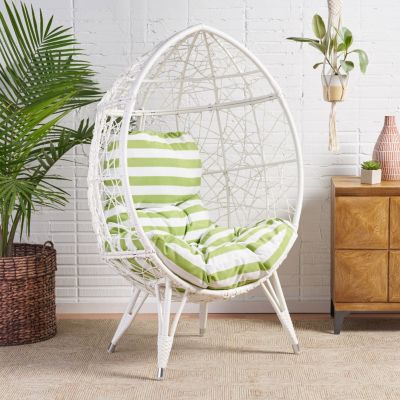 Chic Teardrop Chair Faux Rattan Weave, Plush Cushion, Abstract Mesh