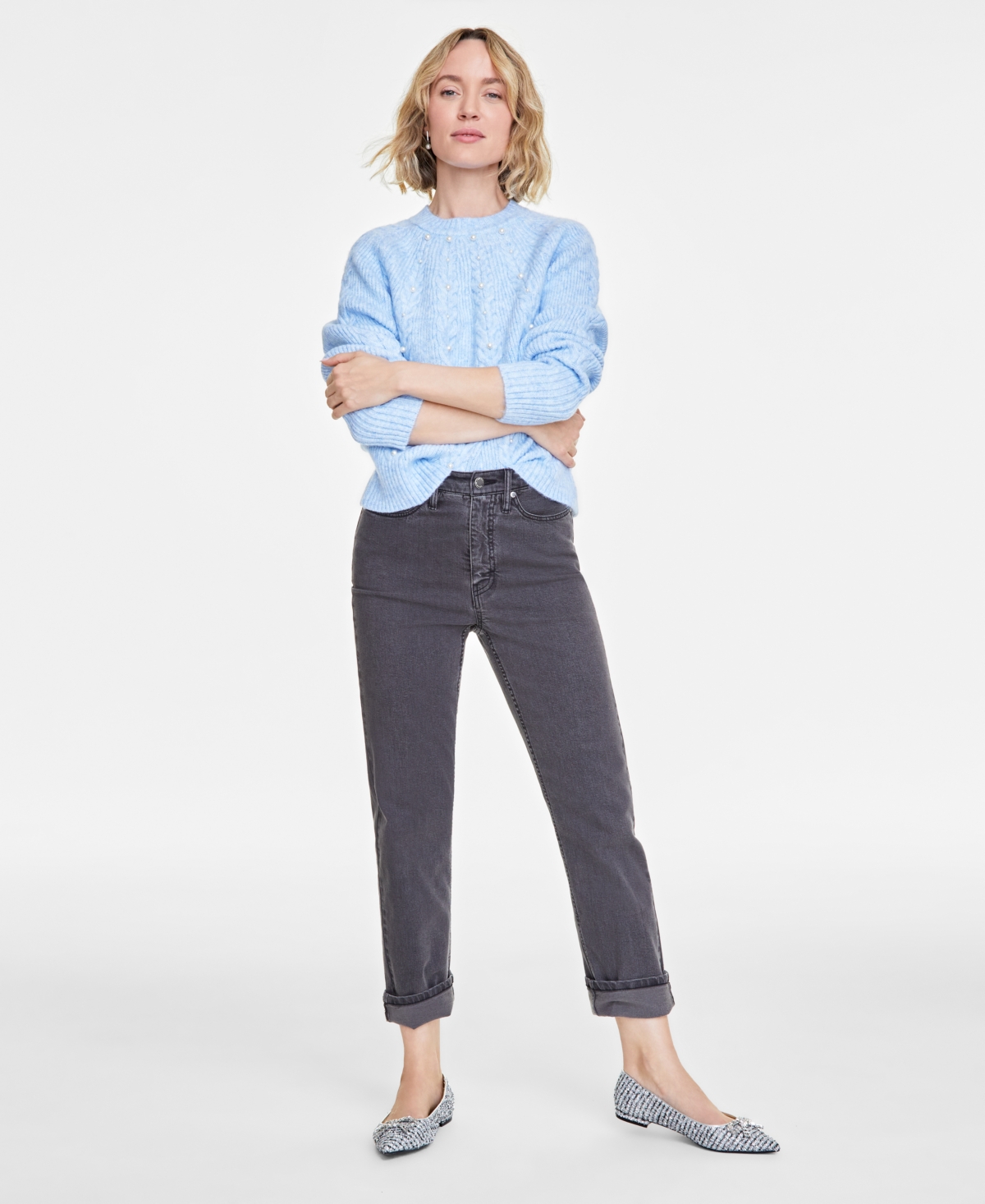 On 34th Women's Crewneck Faux-pearl Embellished Sweater, Exclusively At Macy's In Pale Spring