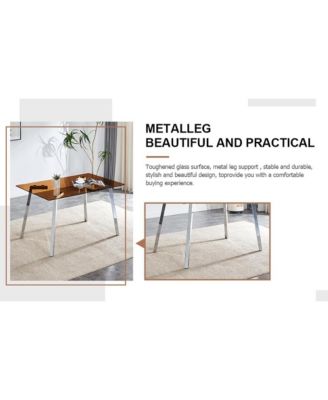 Table and chair set. Large modern rectangular table with brown glass top and silver metal legs. It comes with soft and comfortable PU seats, faux leather upholstered seats and silver metal legs.